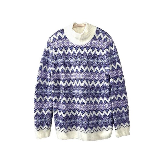Talbots Fair Isle Knit L Sweater Purple White Cozy Nordic Oversized Cabincore - Picture 1 of 7